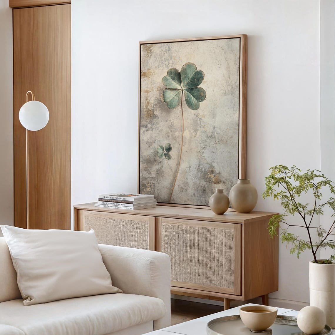Sage Green Four Leaf Clover Vintage Distressed Beige Wall Art - Image 4