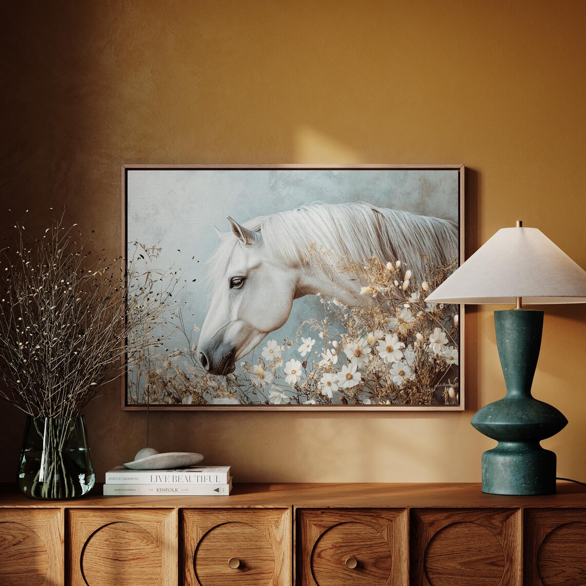 White Horse In Wildflower Meadow, Rustic Art Print - Image 3