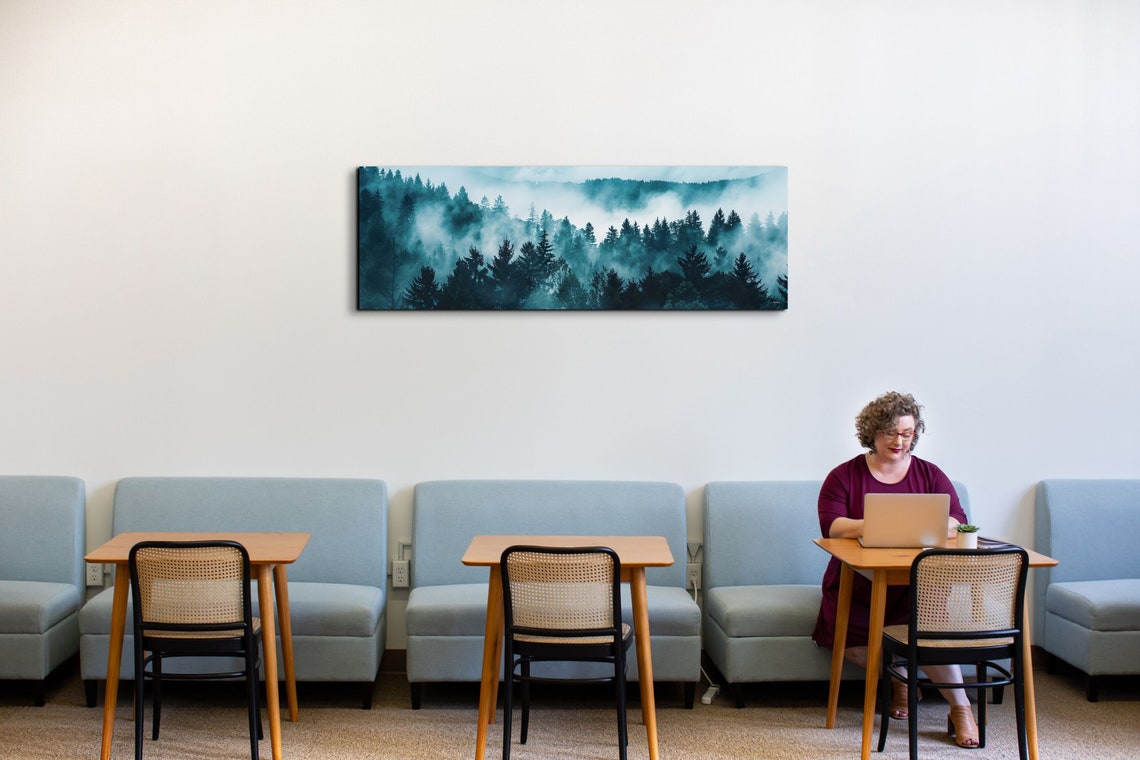 Moody Thick Blue Green Fog Filling a Pine Forest Valley Poster - Image 5