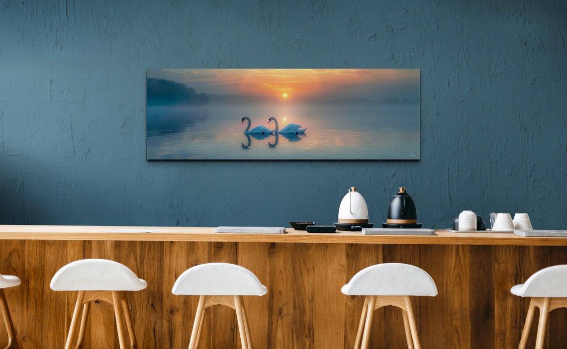 Swan Couple Misty Lake Sunrise Romantic Birds Panoramic Wall Art - Image 4