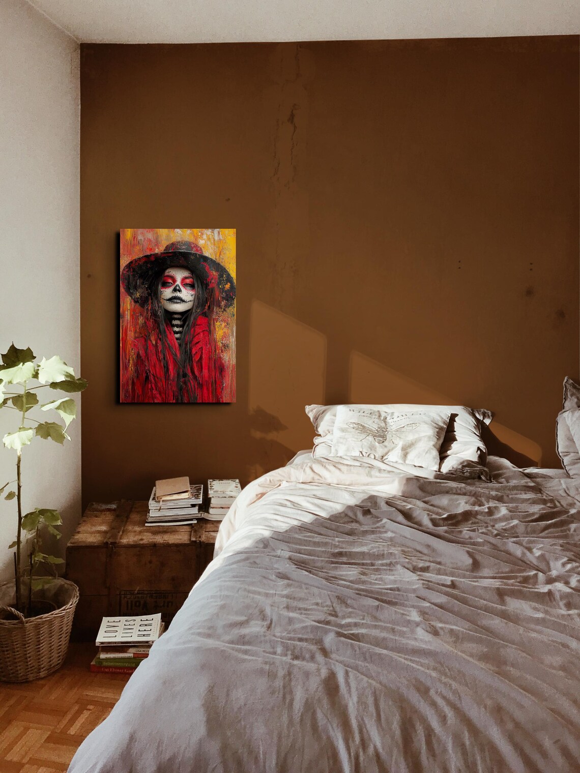 Day Of The Dead Woman Sugar Skull Makeup Red Hat Painting Poster - Image 4