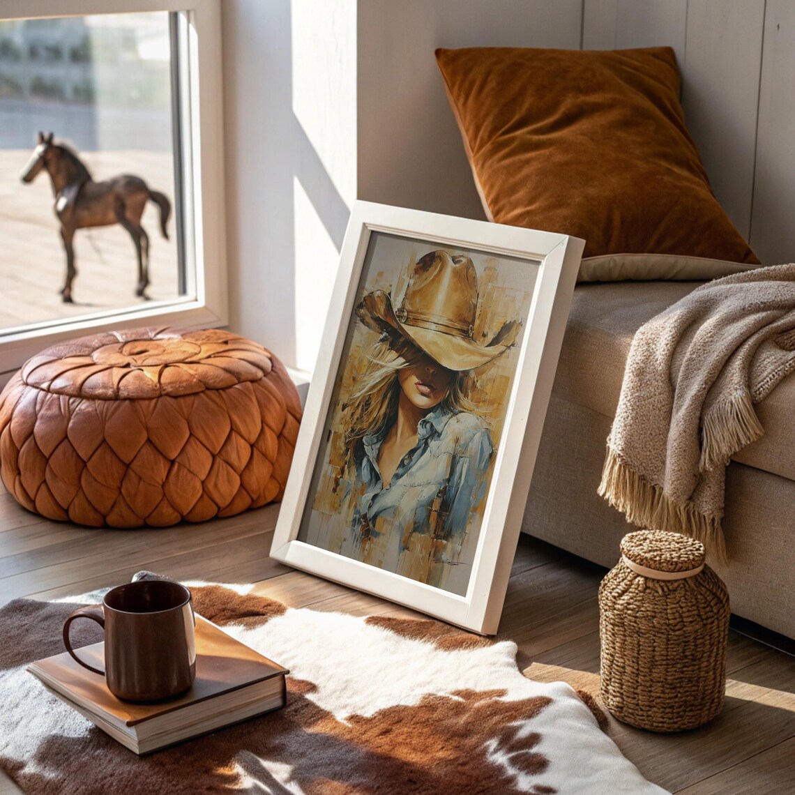 Watercolor Cowgirl Portrait In Hat And Denim Shirt Painting Wall Art
