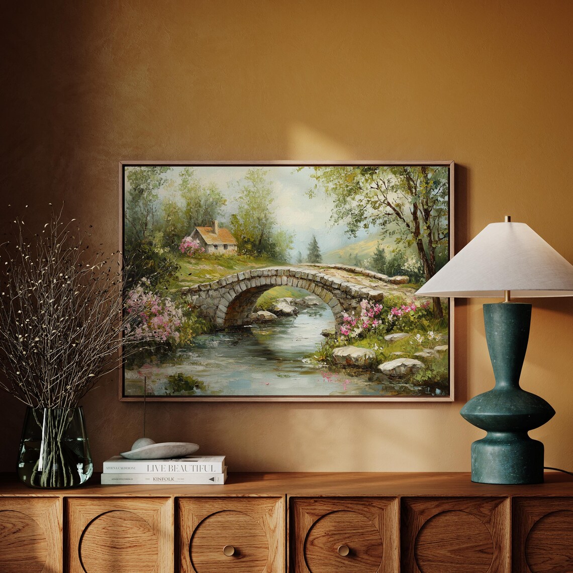 Stone Arch Bridge Over Stream With Pink Blossoms Cottage Wall Art - Image 4