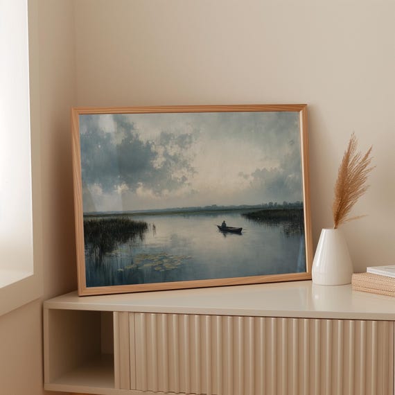 Solitary Fisherman On Misty Marsh Lake Blue Oil Painting Of Boat Lily Pads Clouds Peaceful Nature Wall Art Decor