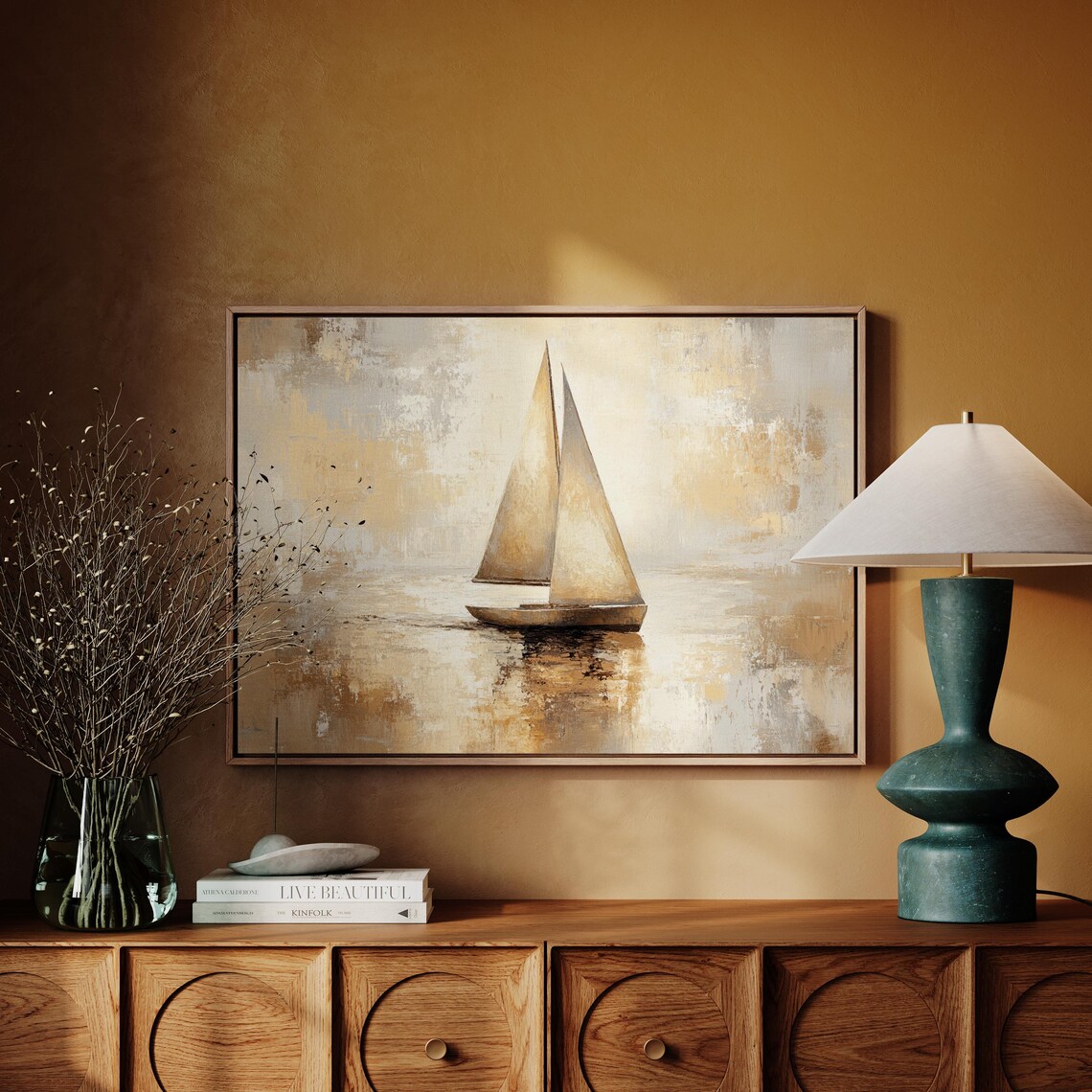 Abstract Sailboat With Beige Gold Sails On Calm Water Nautical Poster - Image 3