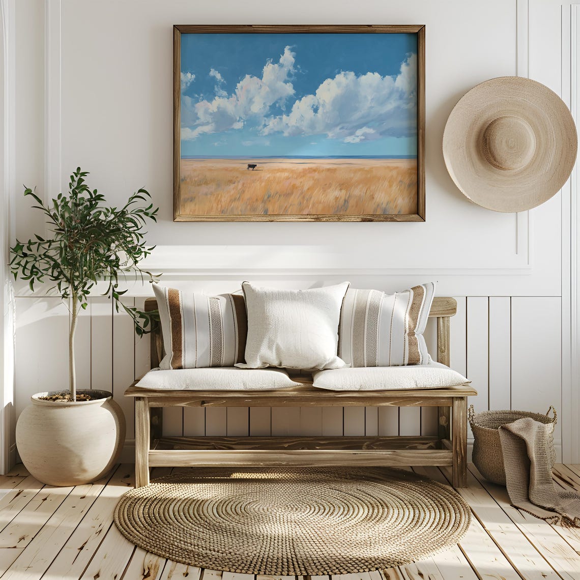 Solitary Cow On Vast Golden Prairie Under Big Blue Sky Poster
