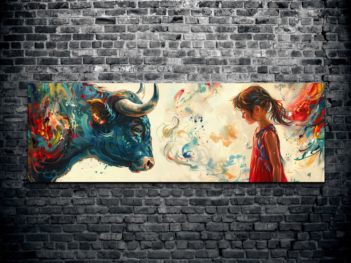 Abstract Girl vs Bull Colorful Wall Art Print - Image 2