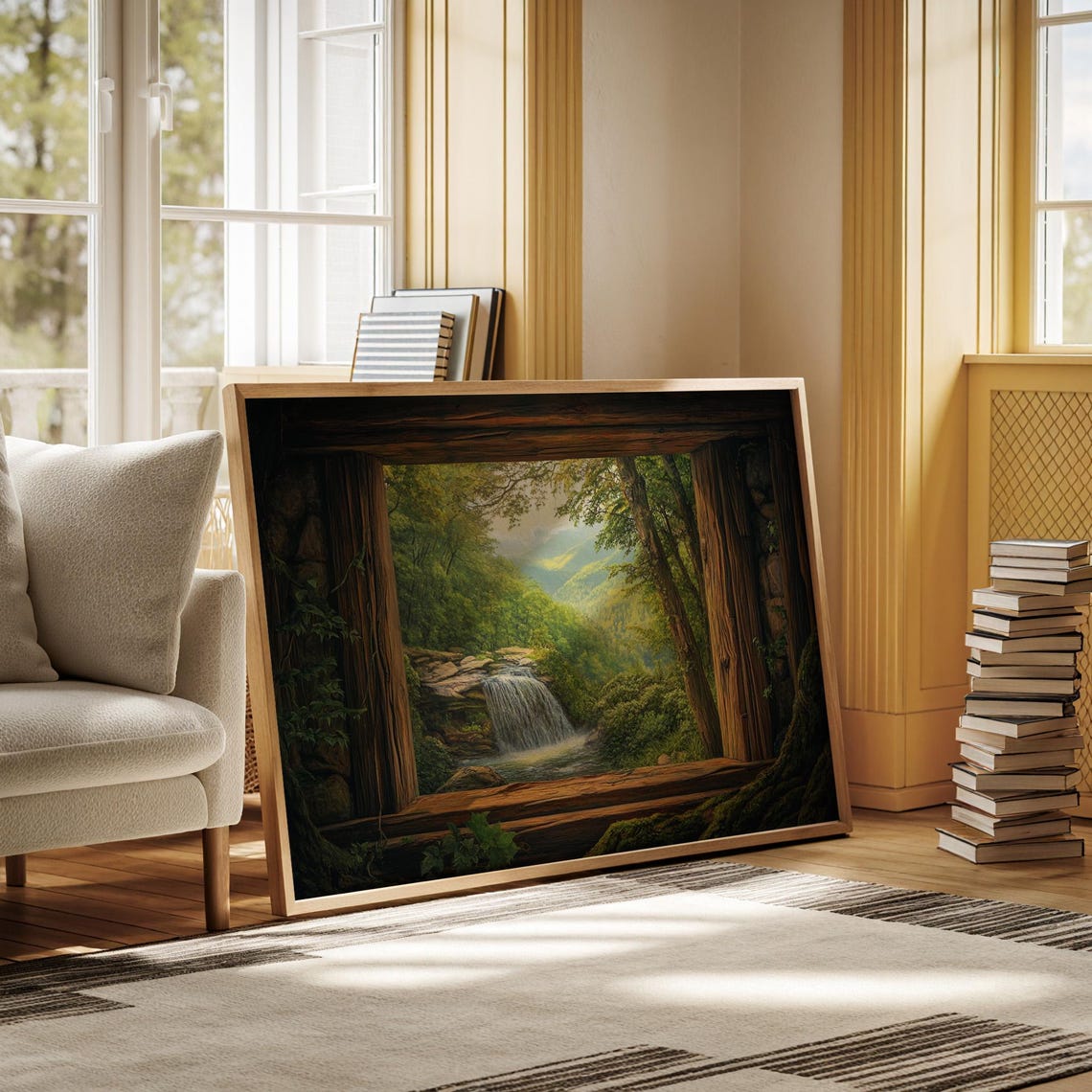 Forest Window Waterfall View Green Valley Scenic Nature Art Poster