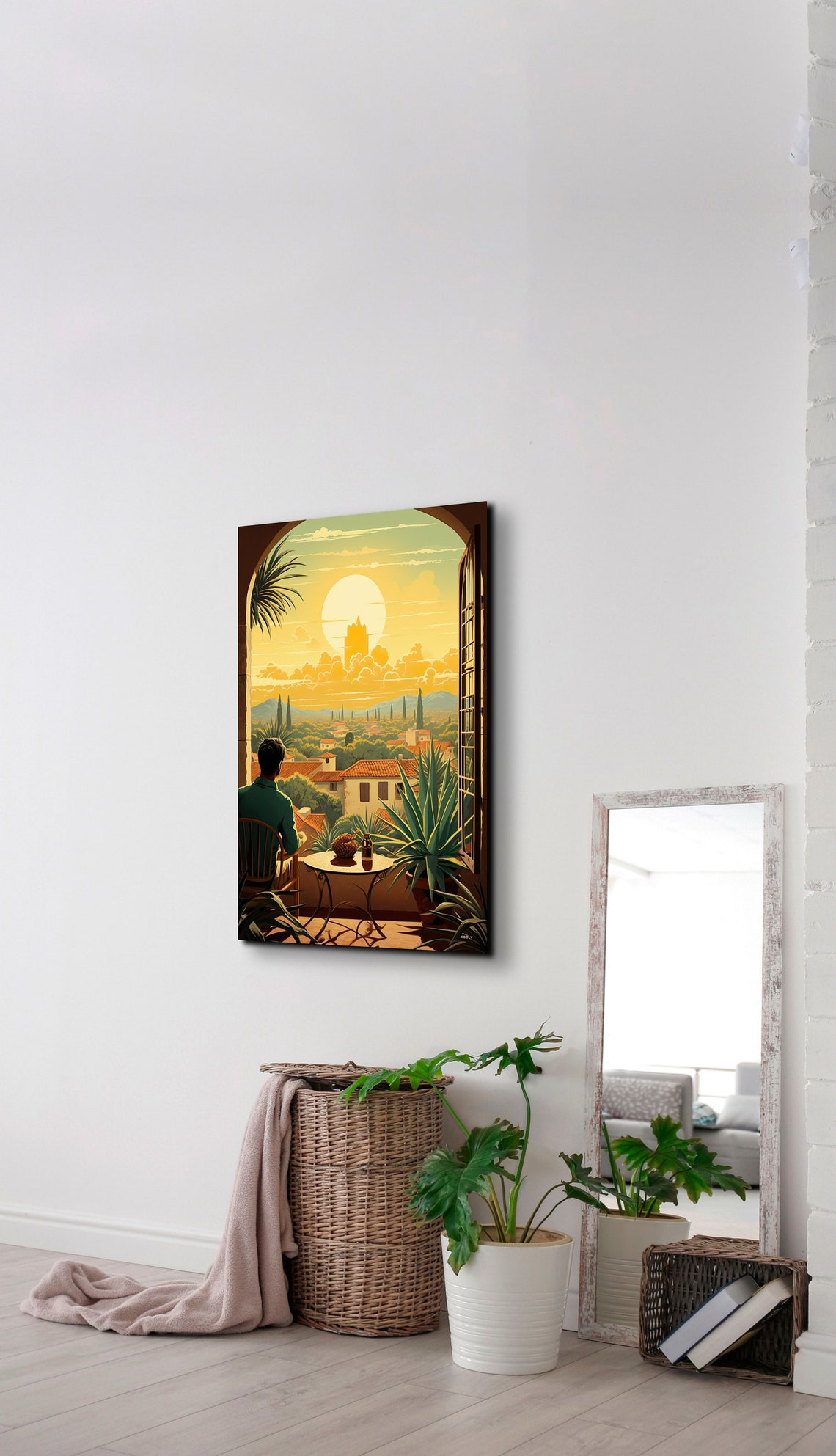 Sunlit Balcony Overlooking Mediterranean Old Town Scene Poster - Image 5