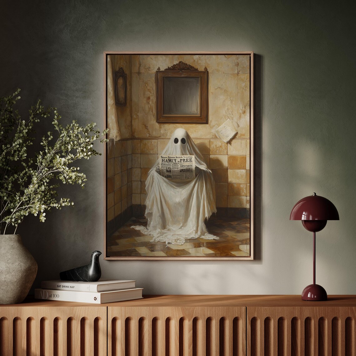 Ghost Reading Newspaper Vintage Bathroom Haunted Gothic Art Poster
