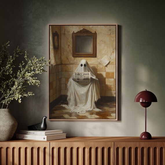Ghost Reading Newspaper Vintage Bathroom Haunted Gothic Art Poster