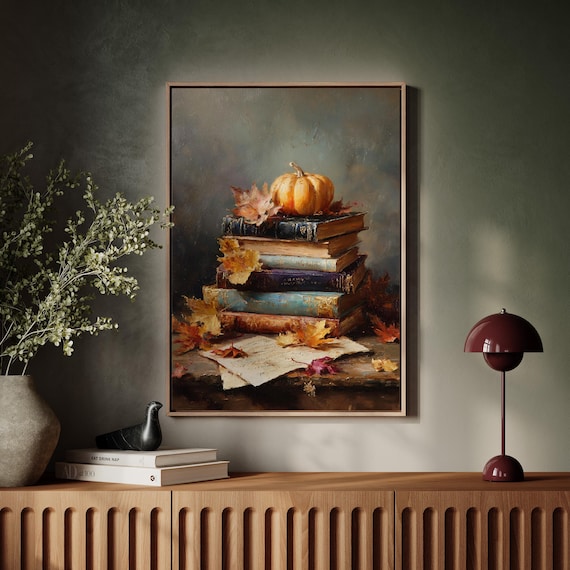 Autumn Pumpkin And Books Canvas Wall Art Rustic Fall Still Life Painting With Leaves Vintage Charm For Seasonal Home Or Library Dcor