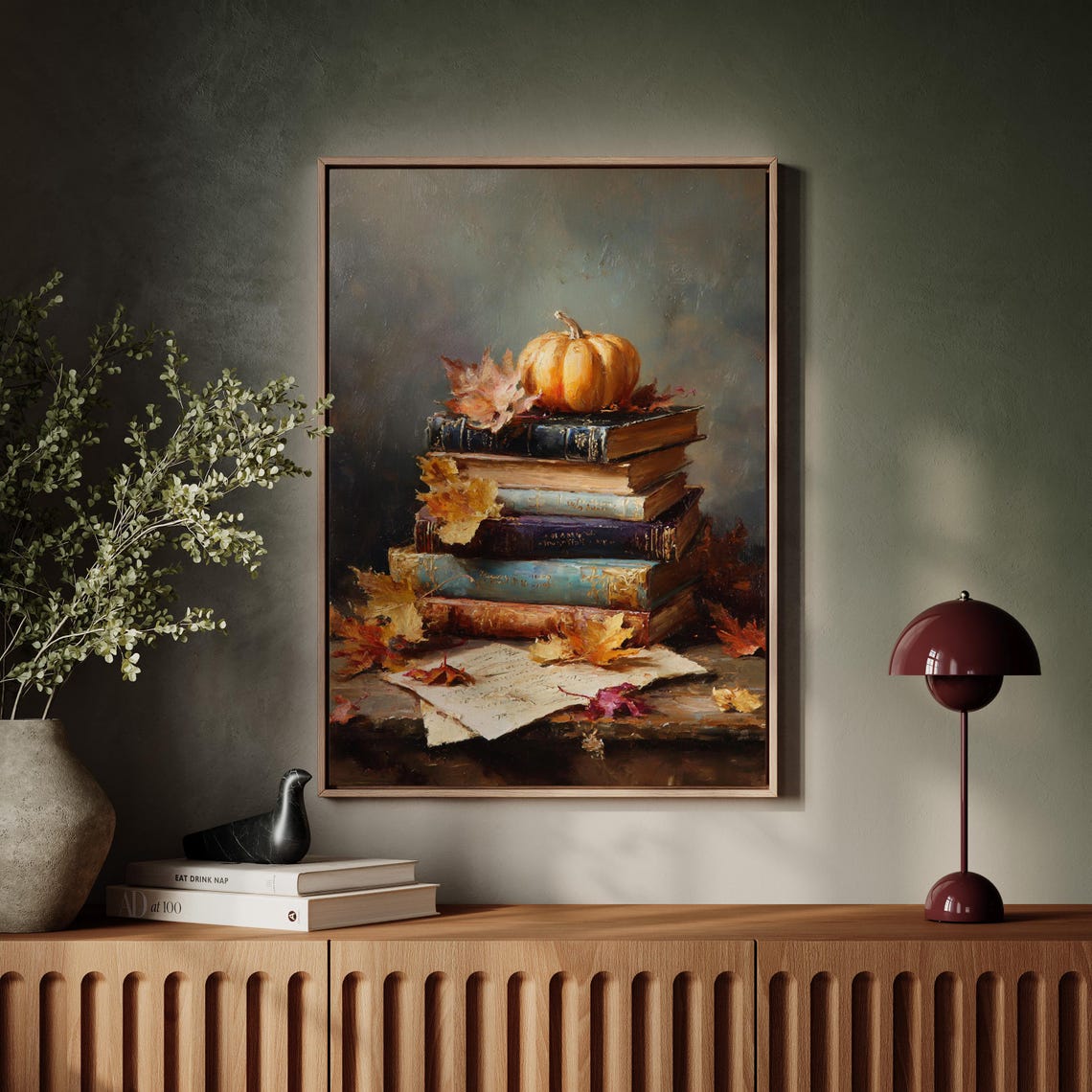 Pumpkin On Stacked Vintage Books Autumn Leaves Still Life Poster