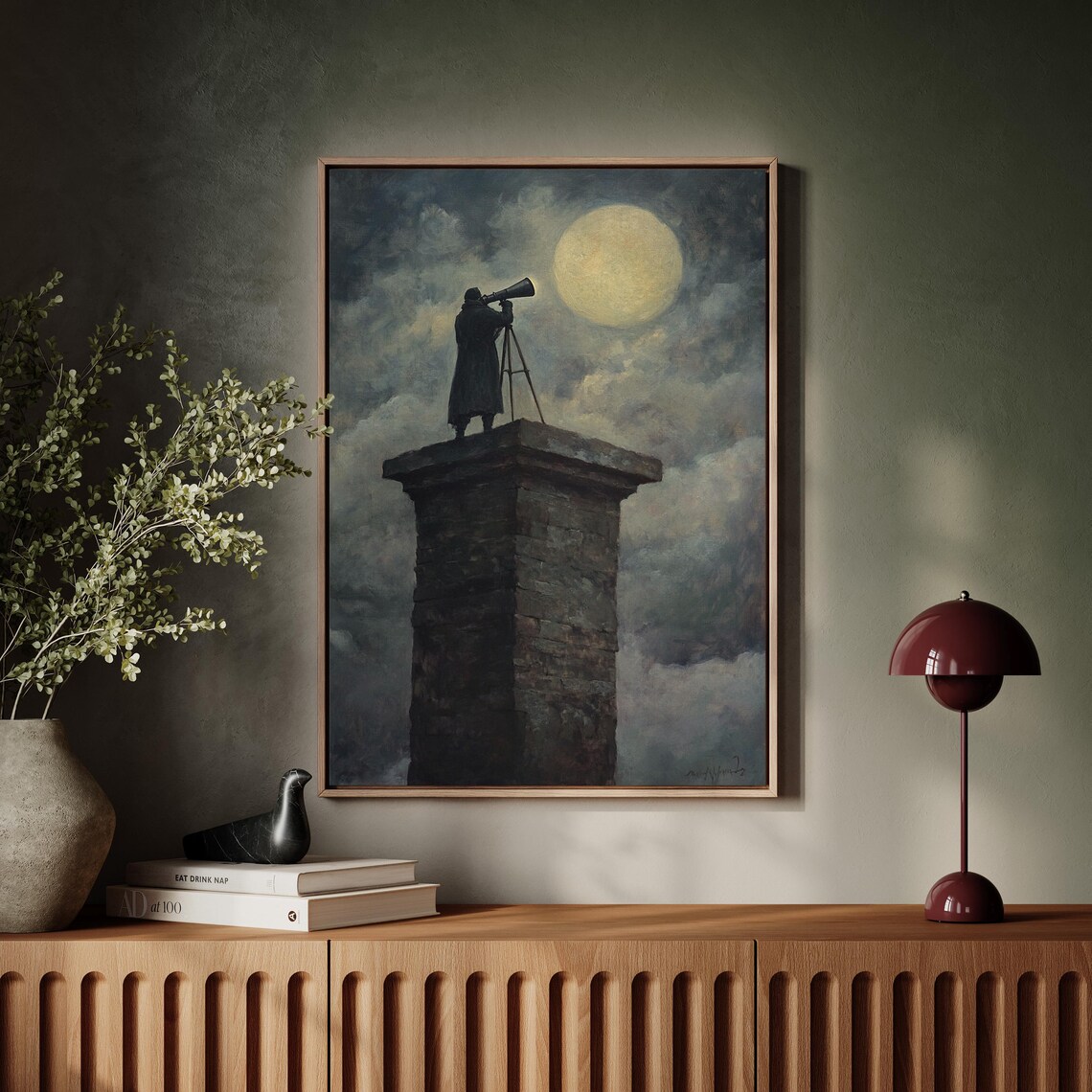 Man Observing Full Moon, Dramatic Night Sky Art Print - Image 3
