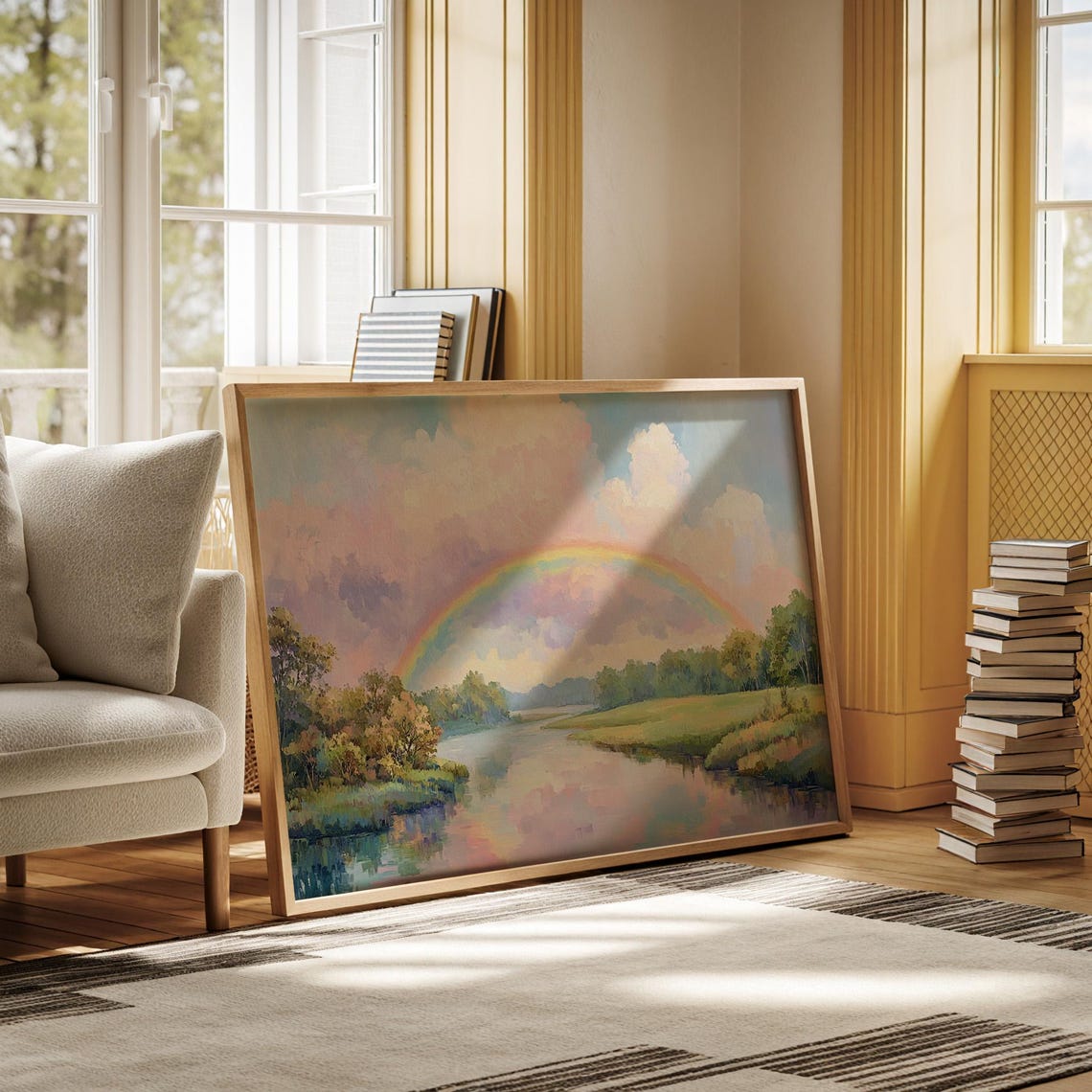 Vivid Rainbow Over Peaceful River Pastel Landscape Painting Poster - Image 3