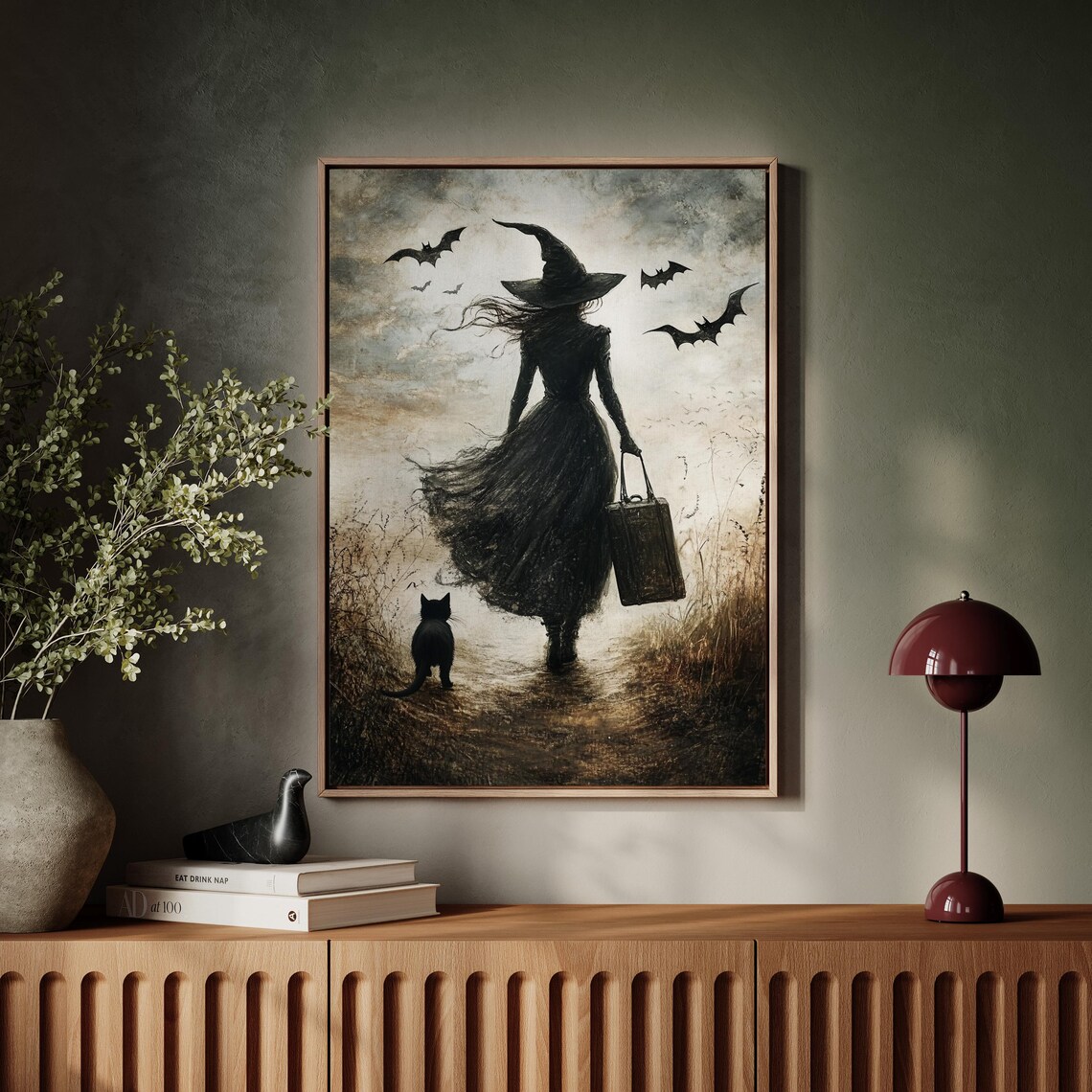 Witch With Black Cat And Bats, Gothic Halloween Art Print