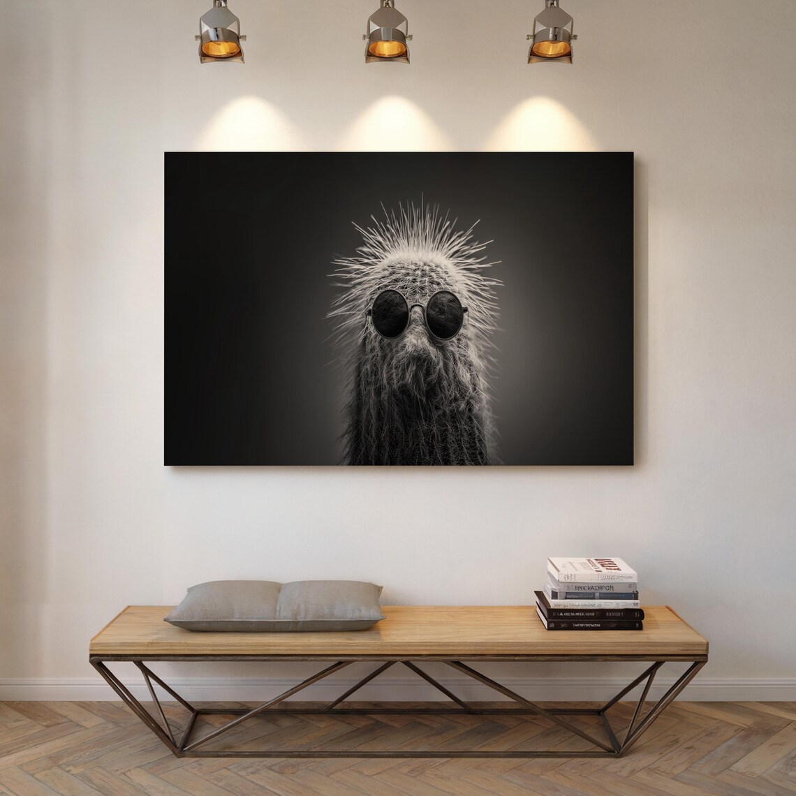 Cool Cactus Wearing Sunglasses Black and White Surreal Photo Poster