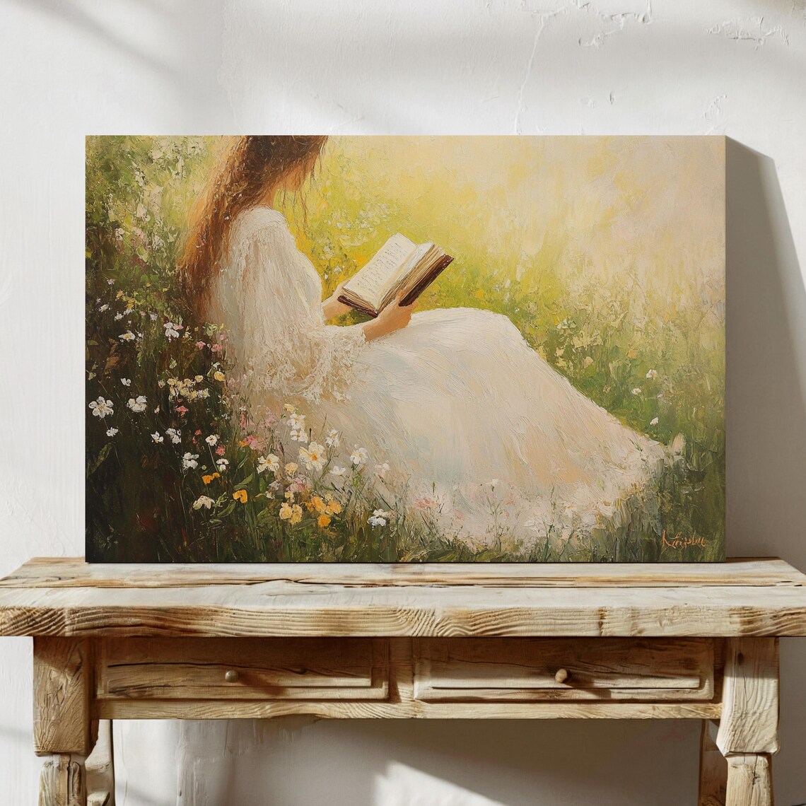 Serene Woman Reading in Wildflower Meadow Golden Light Poster