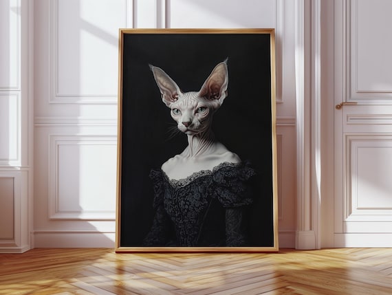 Gothic Sphynx Cat In Black Lace Dress Dark Elegant Portrait Wall Art