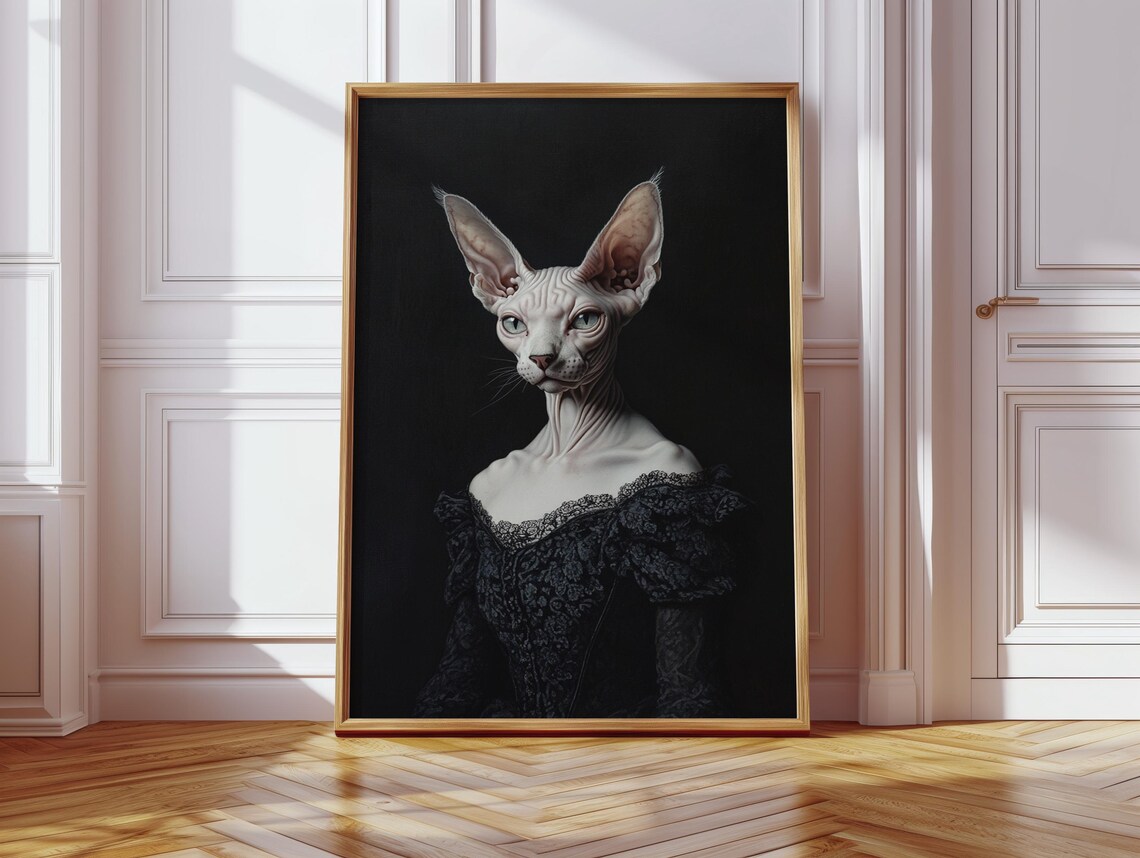 Gothic Sphynx Cat In Black Lace Dress Dark Elegant Portrait Wall Art