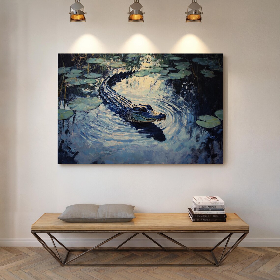 Close Up Alligator in Moonlit Lily Pond Swamp Wildlife Poster - Image 3