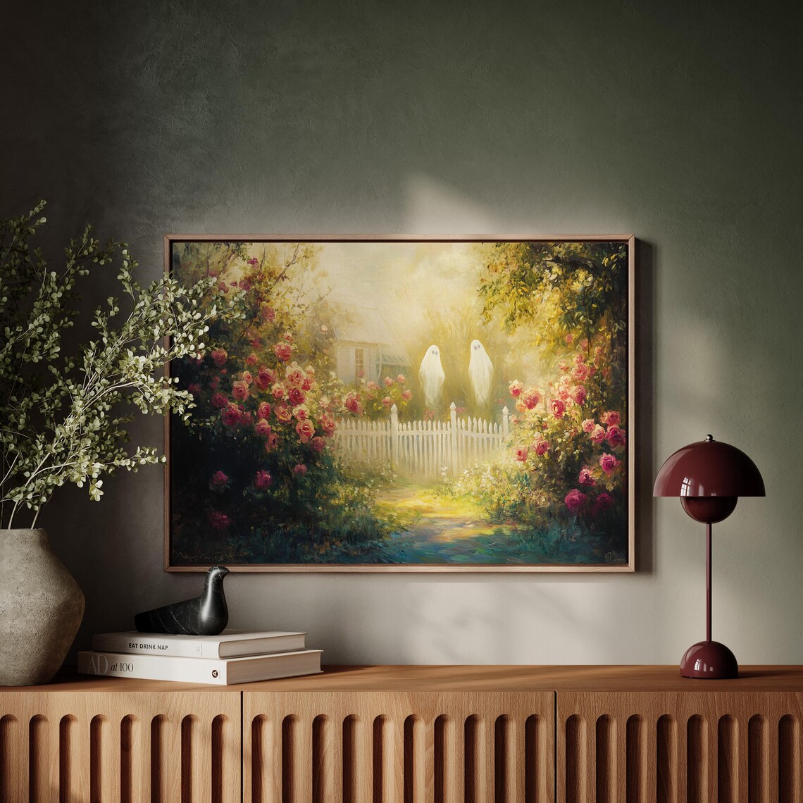 Ghosts in the Rose Garden Whimsical Halloween Art Painting Poster