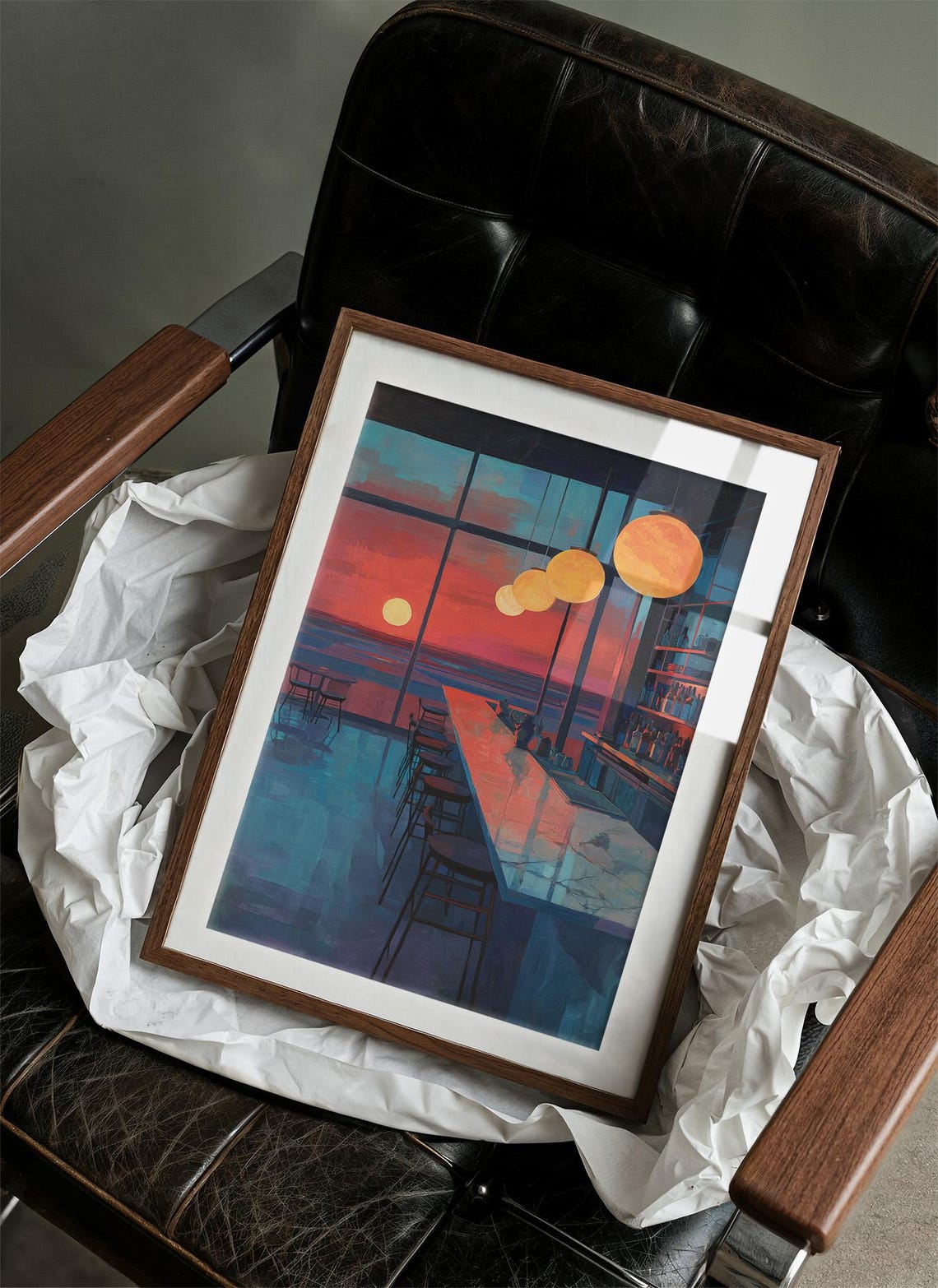 Red Sunset Bar Overlooking the Ocean With Glowing Lanterns Poster