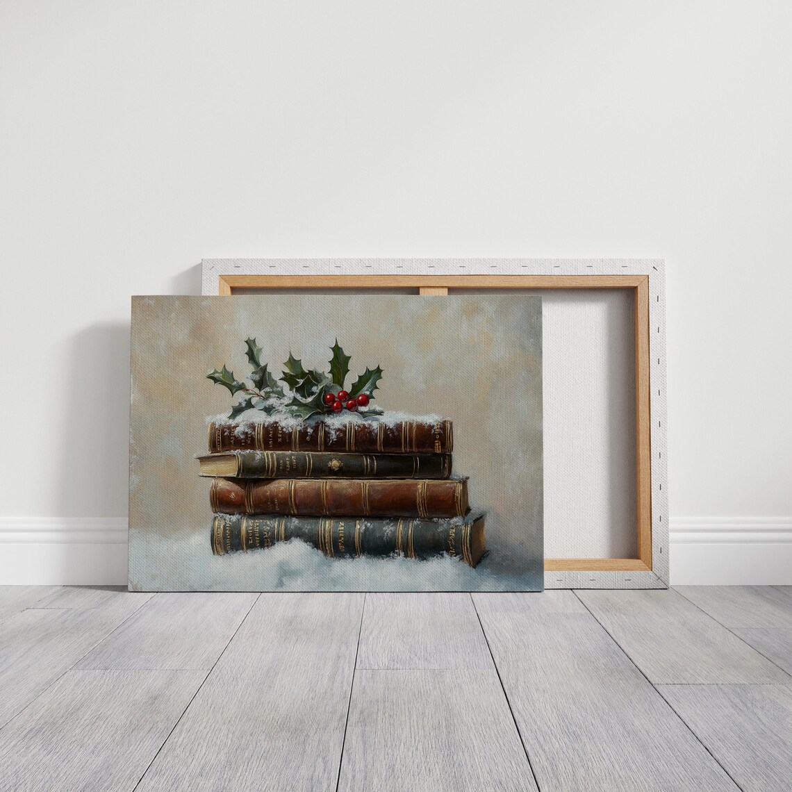 Stacked Antique Books Snow Holly Christmas Vintage Winter Art Poster - Image 3