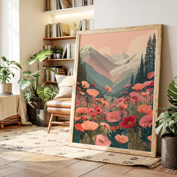 Pink Poppy Field, Serene Mountain Landscape Art Print