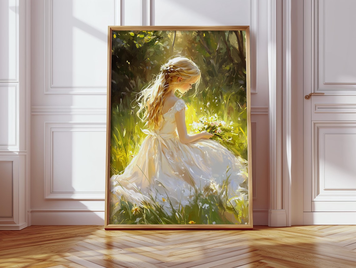 Sunlit Girl in White Dress Holding Wildflowers Meadow Art Poster