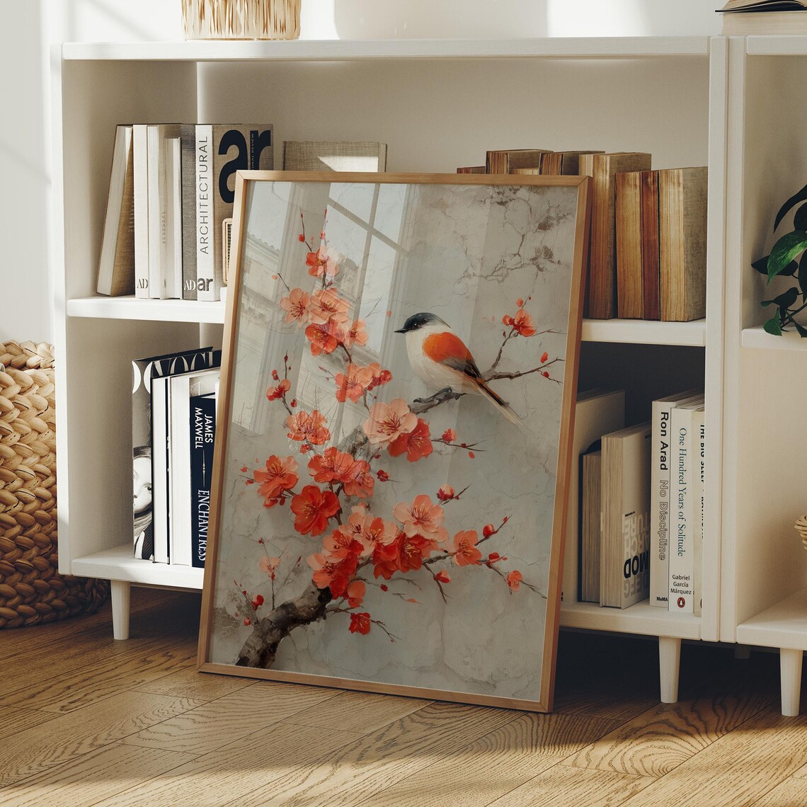 Scarlet Blossom Songbird Watercolor Red Flower Branch Bird Poster