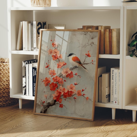 Scarlet Blossom Songbird Watercolor Red Flower Branch Bird Poster
