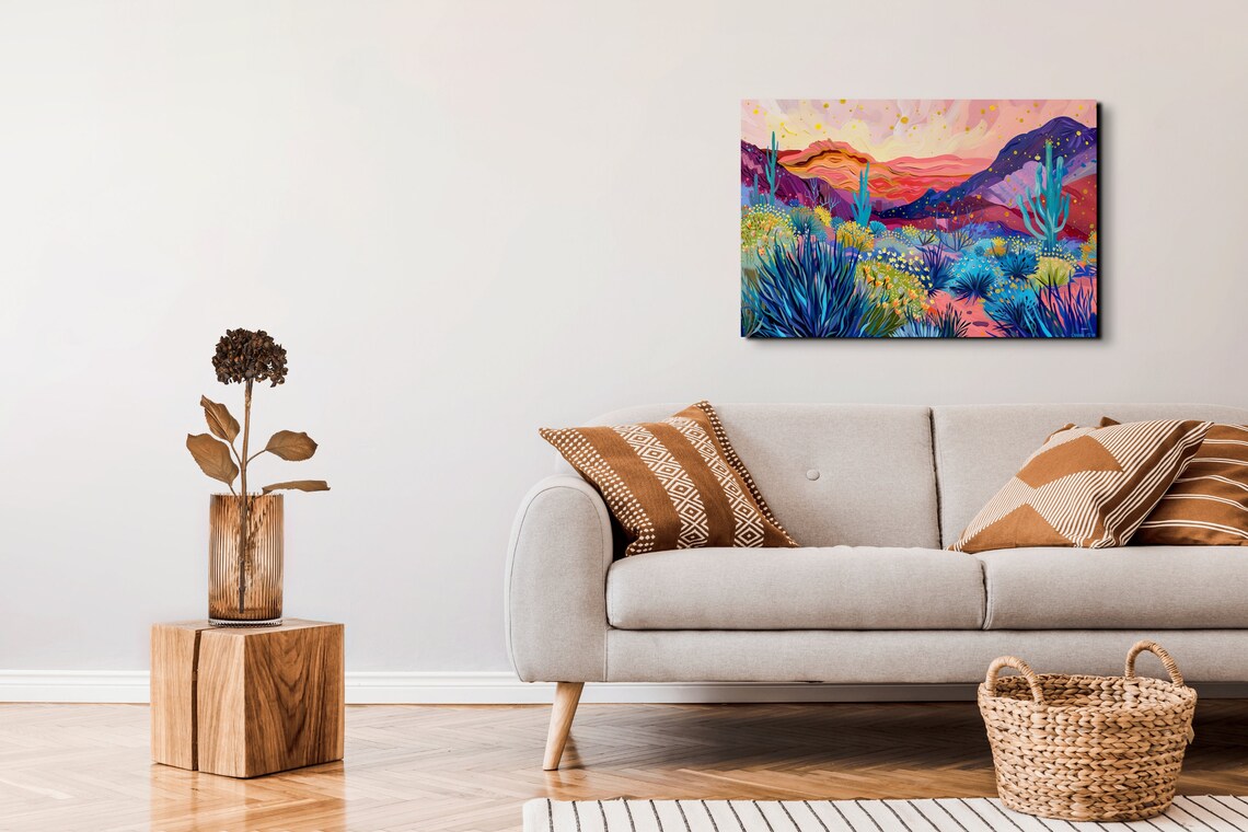 Neon Desert Sunset With Blue Agave and Red Mountains Wall Art - Image 6