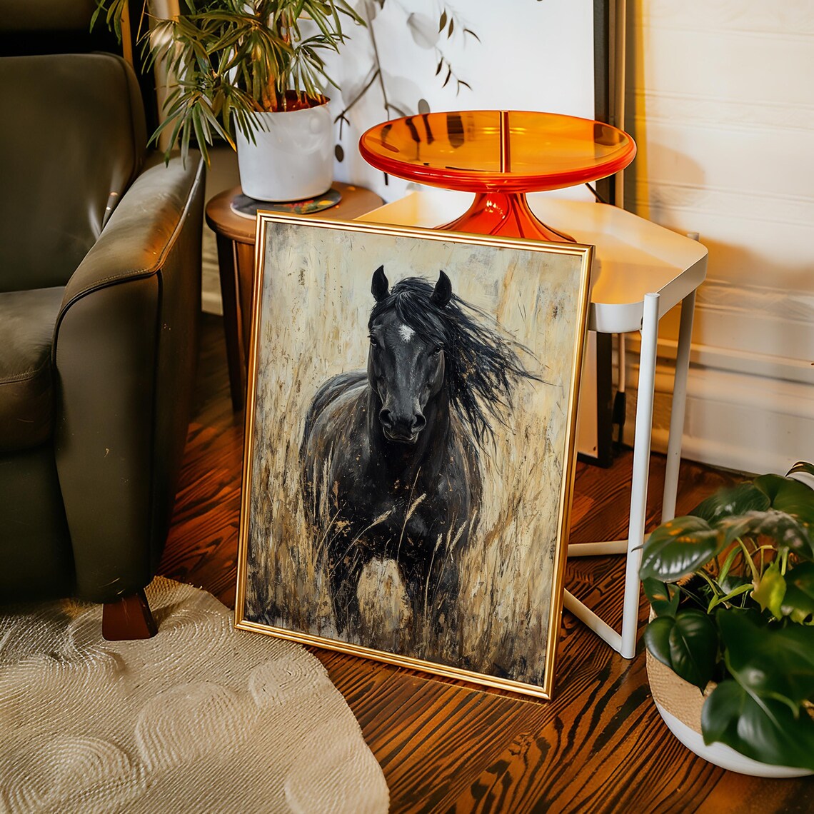 Black Stallion Running in Wheat Field Wild Horse Farm Art Poster