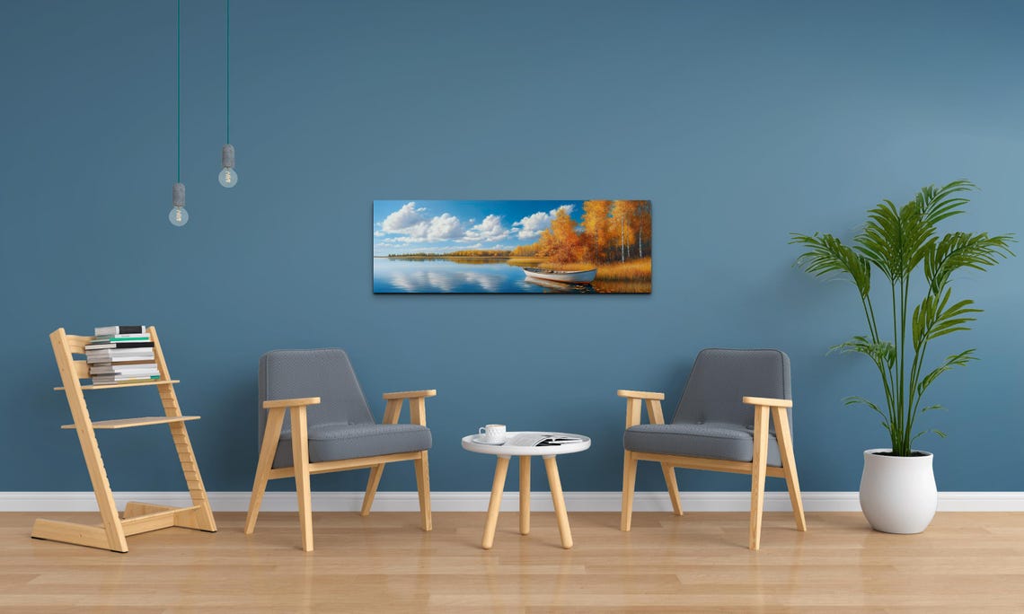 White Boat Drifting on Mirror Calm Autumn Lake Panoramic Poster - Image 4