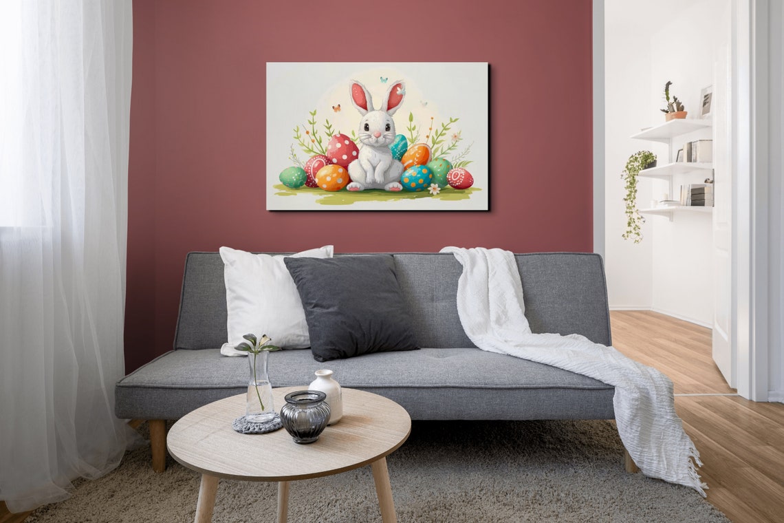 Cute White Easter Bunny Watercolor Decorated Eggs Spring Poster - Image 5