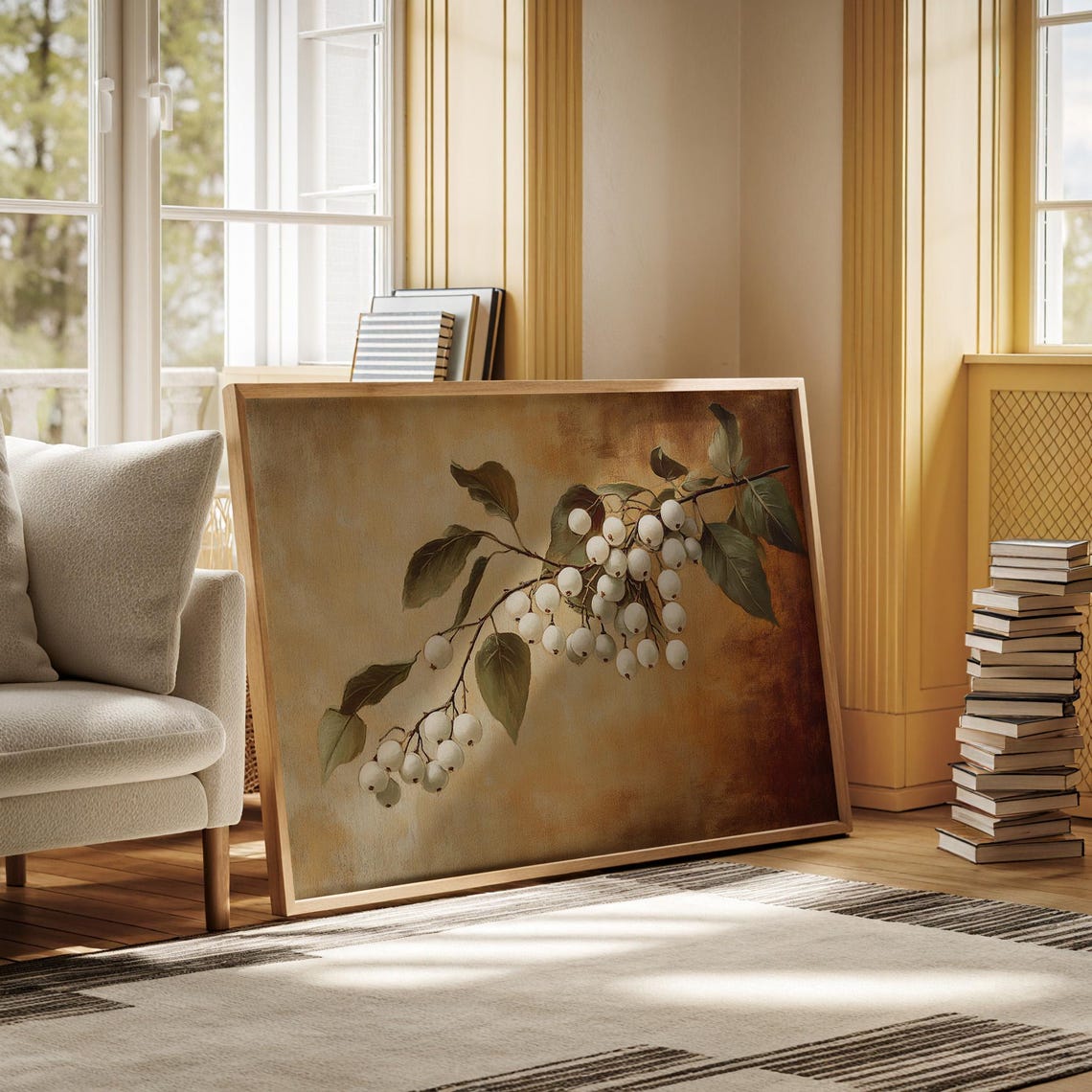 White Winter Berry Branch Botanical Vintage Rustic Art Print