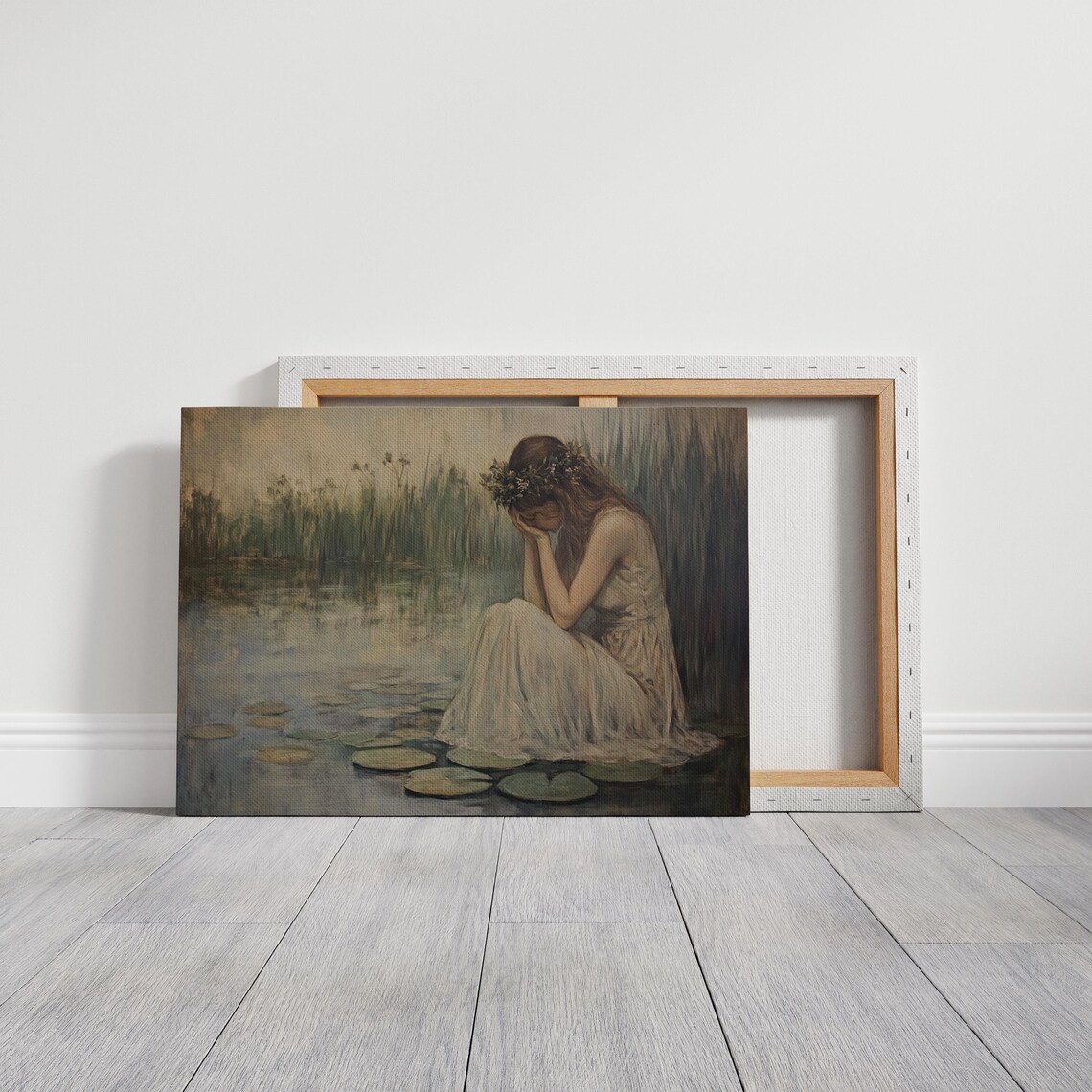Weeping Woman in White Dress with Flower Crown on Lily Pads Poster - Image 3