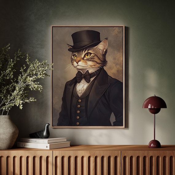 Elegant Tabby Cat In Top Hat And Bow Tie Classic Portrait Wall Art