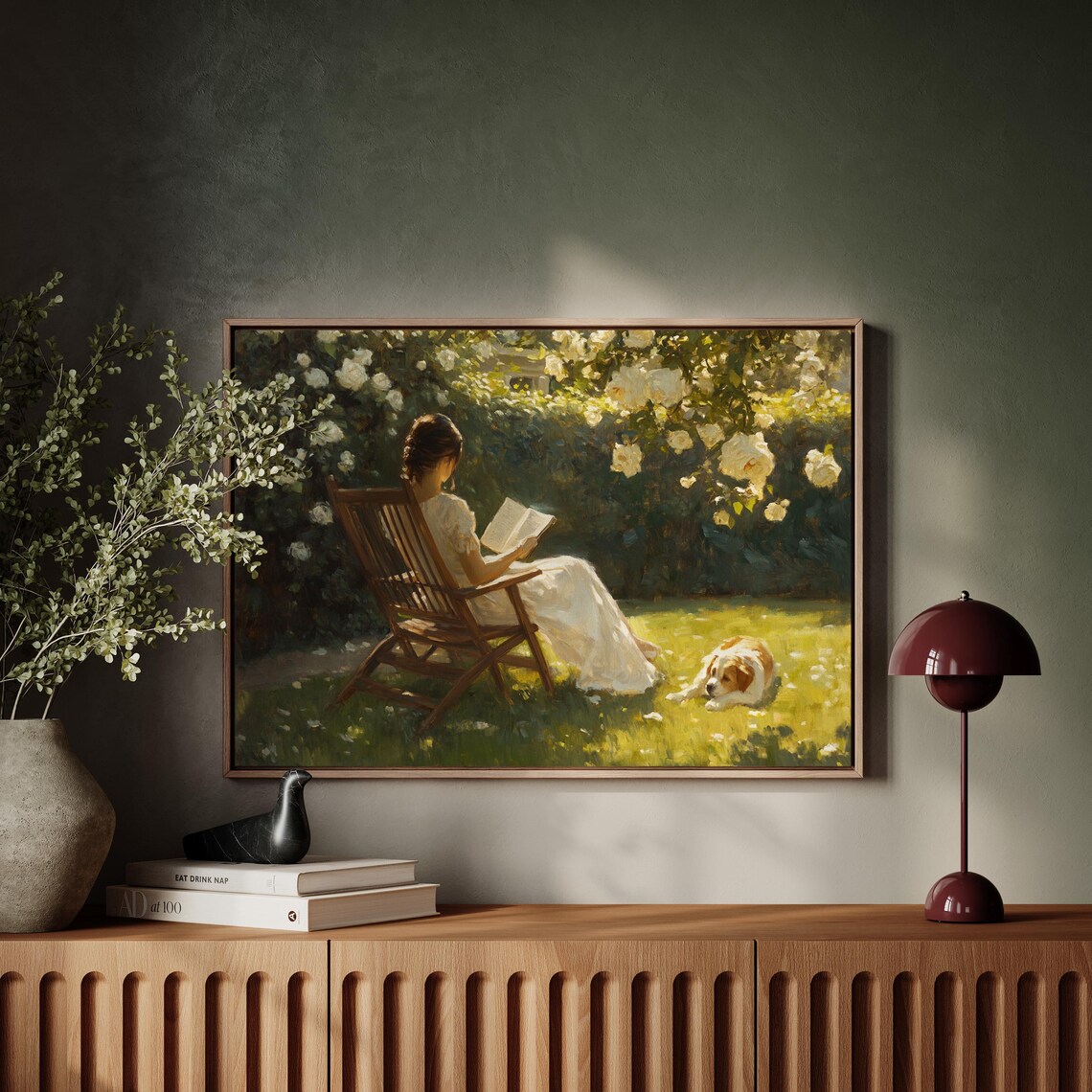 Woman Reading In A Sunny Rose Garden With Dog Painting Poster - Image 2