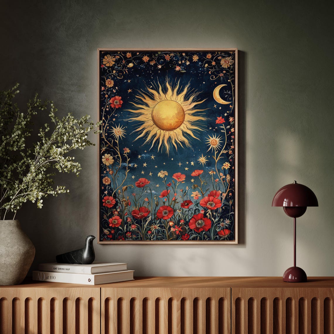 Celestial Sun And Moon With Red Florals On Starry Night Poster - Image 7