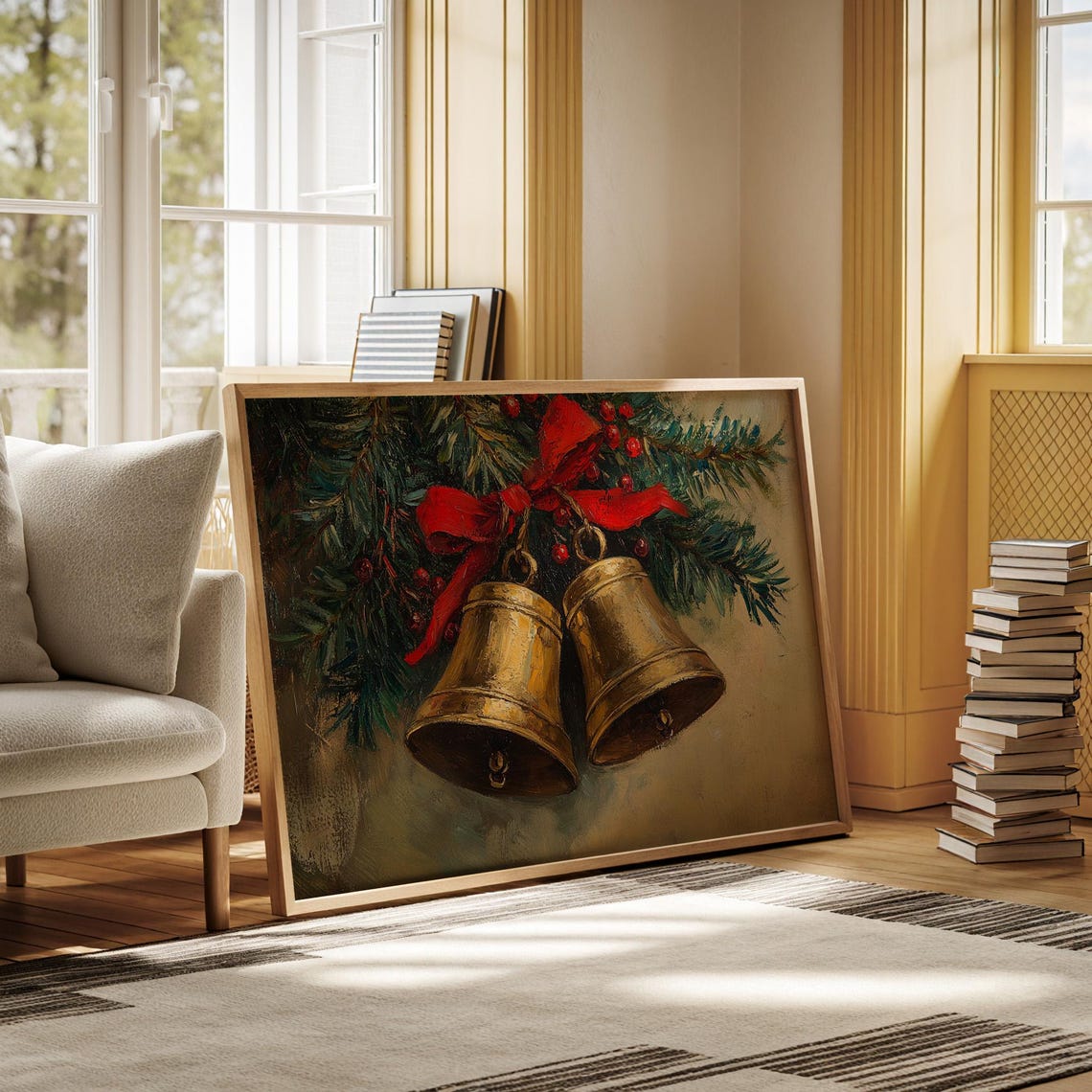 Golden Christmas Bells With Red Bow And Pine Holiday Wall Art