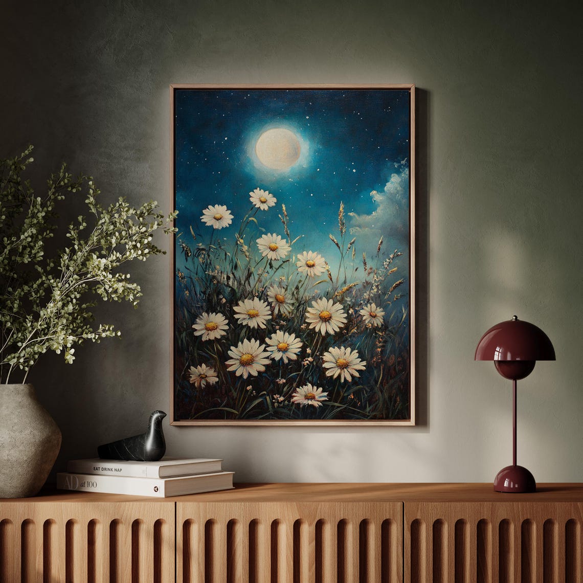 White Daisies Under a Glowing Full Moon in a Blue Night Sky Poster