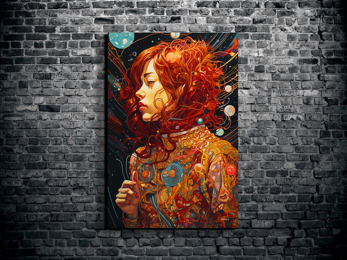Psychedelic Red Hair Woman Cosmic Portrait Surreal Art Poster