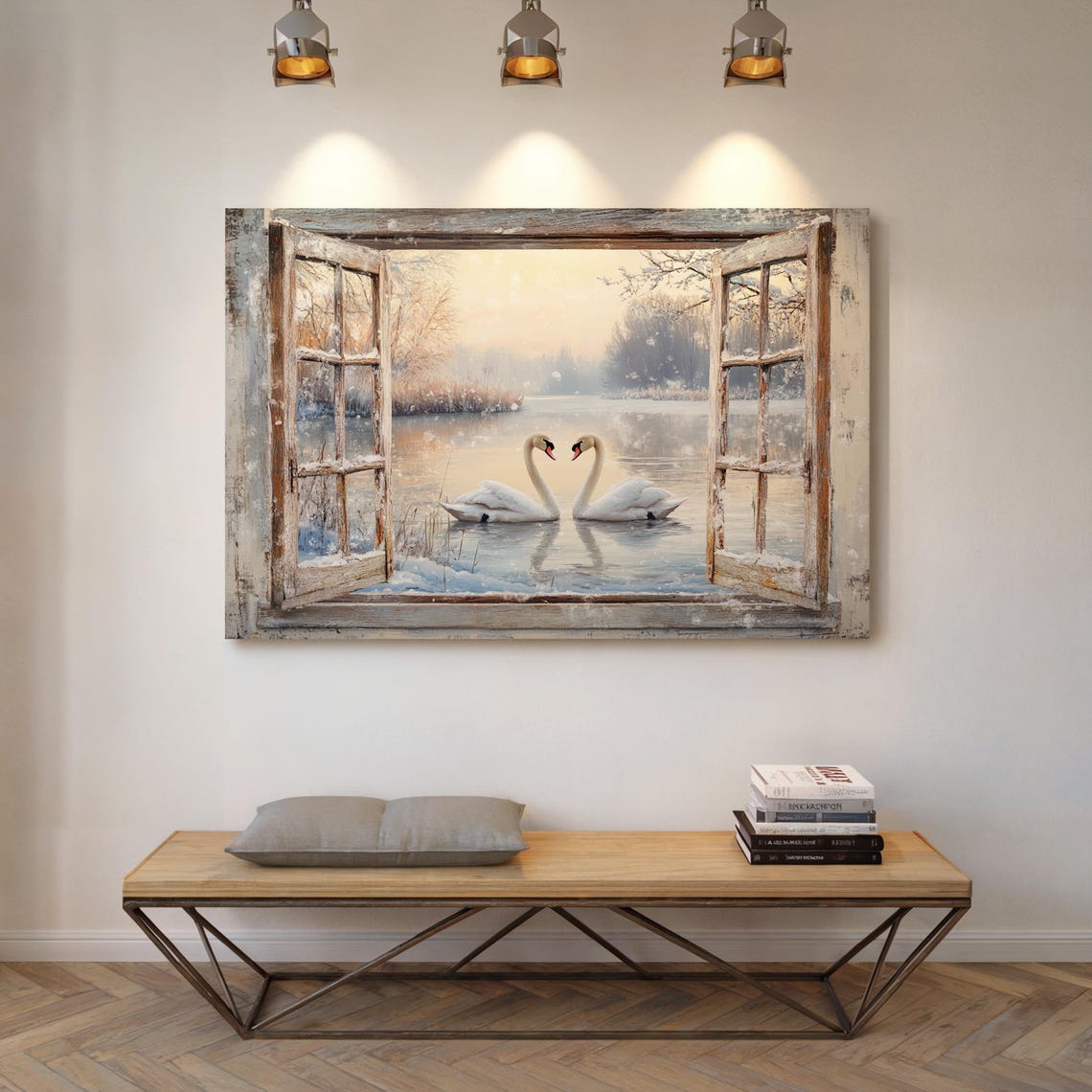Pair Of Swans On Snowy Lake Rustic Window Frame Winter Poster - Image 3