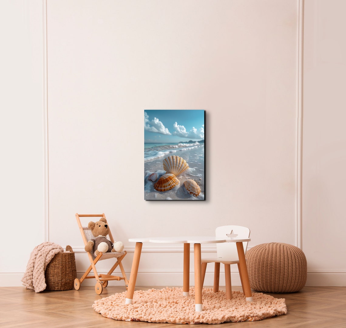 Seashells Resting at the Ocean Water Edge in White Foam Poster - Image 5