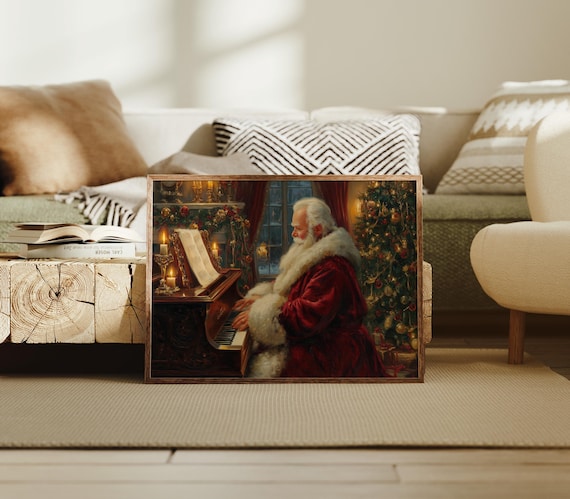 Santa Playing Piano Cozy Christmas Eve Music Scene Art Poster