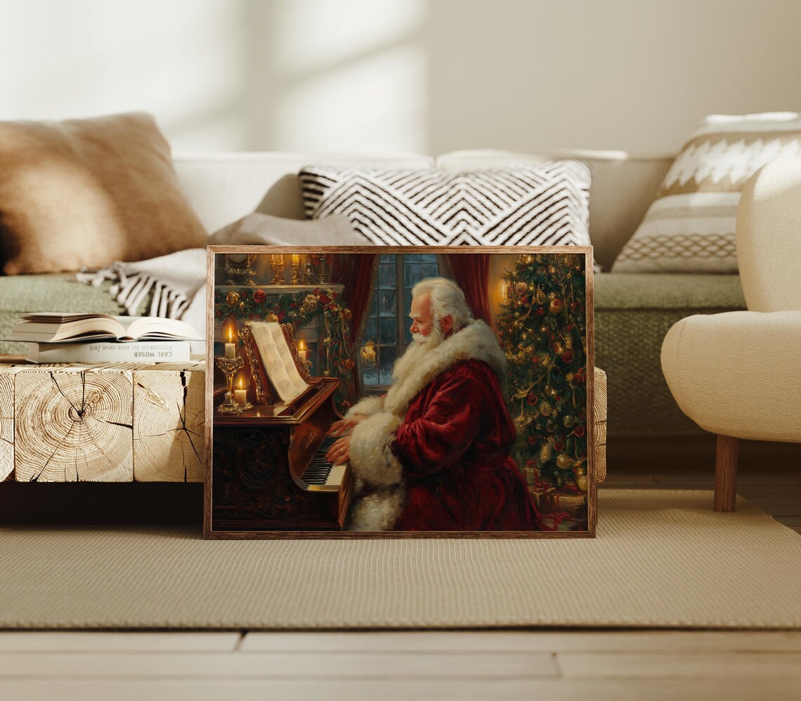 Santa Playing Piano Cozy Christmas Eve Music Scene Art Poster
