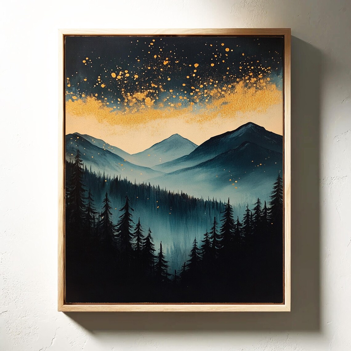 Starry Sky and Blue Mountain, Misty Forest Art - Image 4