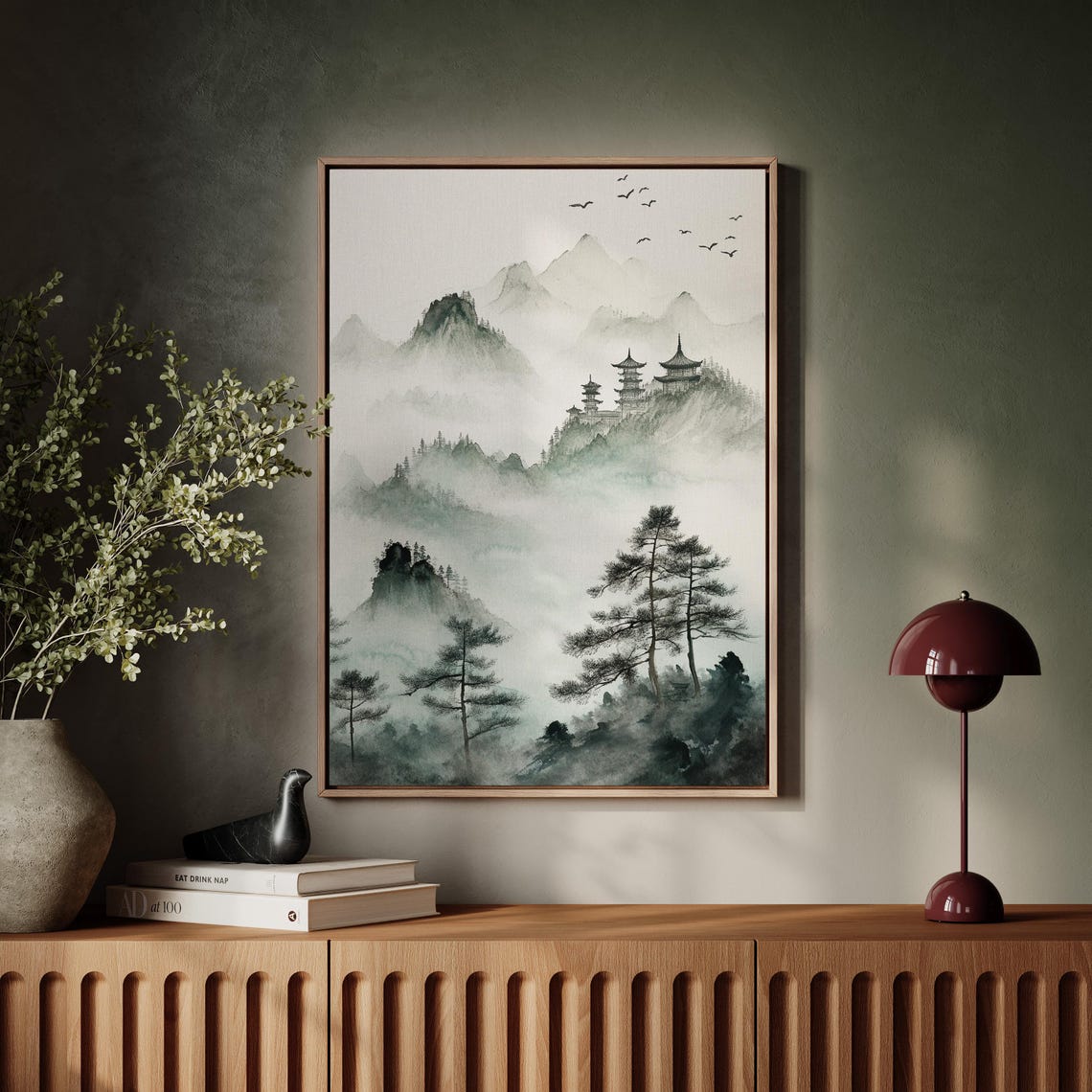 Misty Mountain Pagodas Chinese Ink Wash Zen Landscape Poster